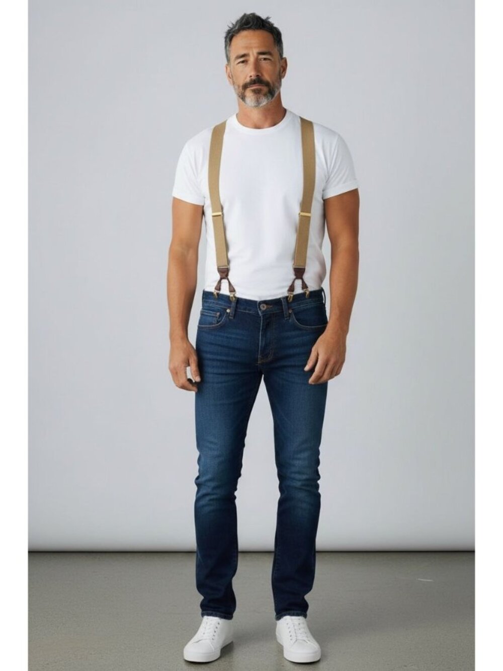 Mens Adjustable Tan Suspenders With Leather Button Tabs & Y-Back Design